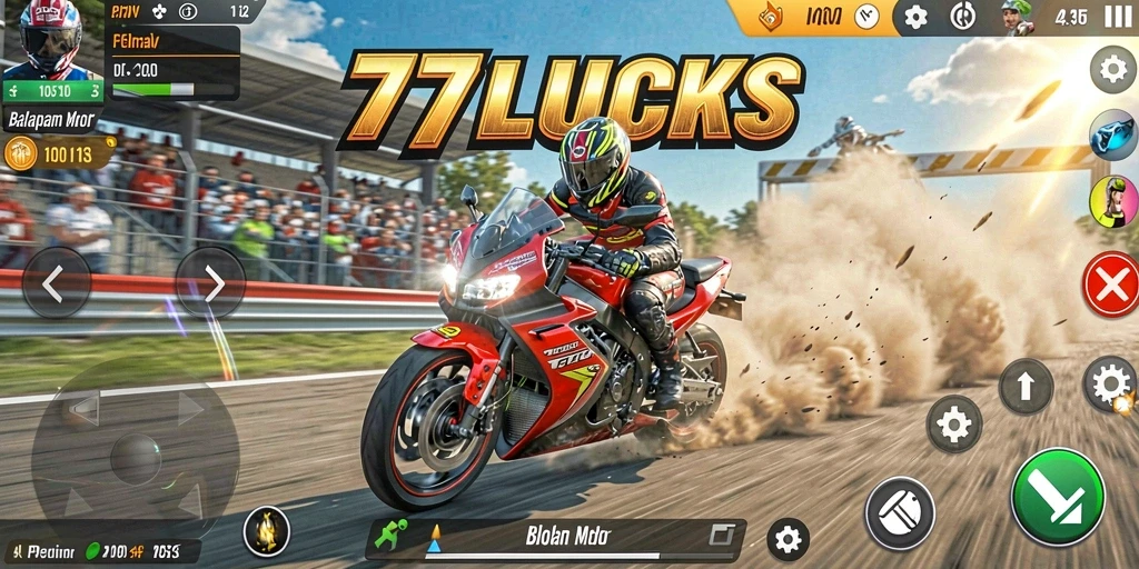 Tampilan gameplay 77LUCKS yang memukau saat balapan motor.
