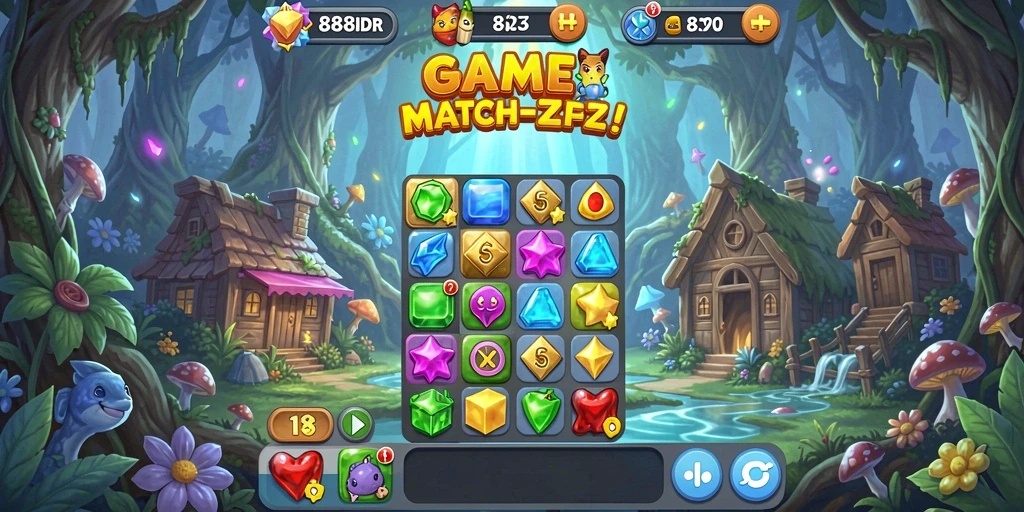 Tampilan gameplay 888IDR yang memukau dalam mode Match-3.