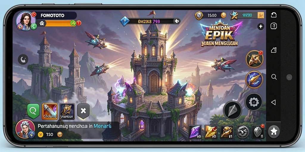 Screenshot gameplay FOMOTOTO menampilkan aksi seru pertahanan menara.