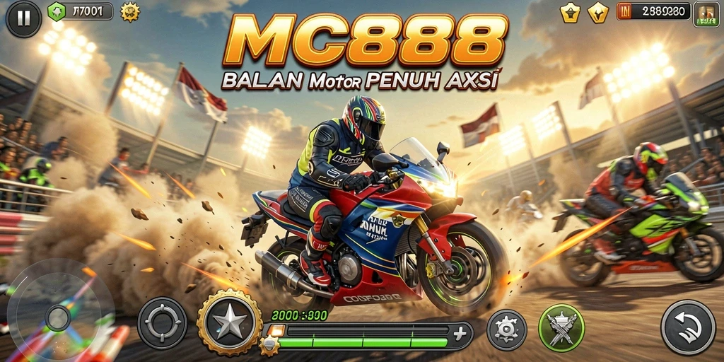Screenshot utama MC888 menampilkan aksi balapan motor yang intens.