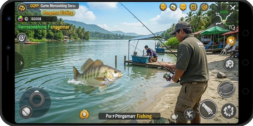 Gameplay QQRP yang menampilkan momen memancing yang menarik.
