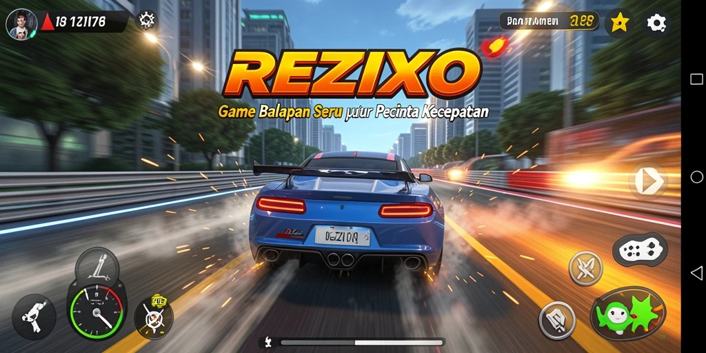 Screenshot utama REZIXO menunjukkan aksi balapan yang seru dan mendebarkan.