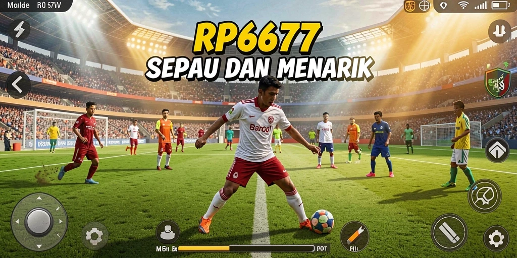 Screenshot gameplay RP6677 yang menampilkan aksi pertandingan sepak bola.