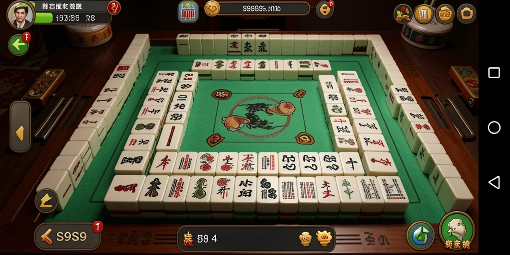 Screenshot gameplay S9S9 menampilkan ubin Mahjong di atas meja permainan.
