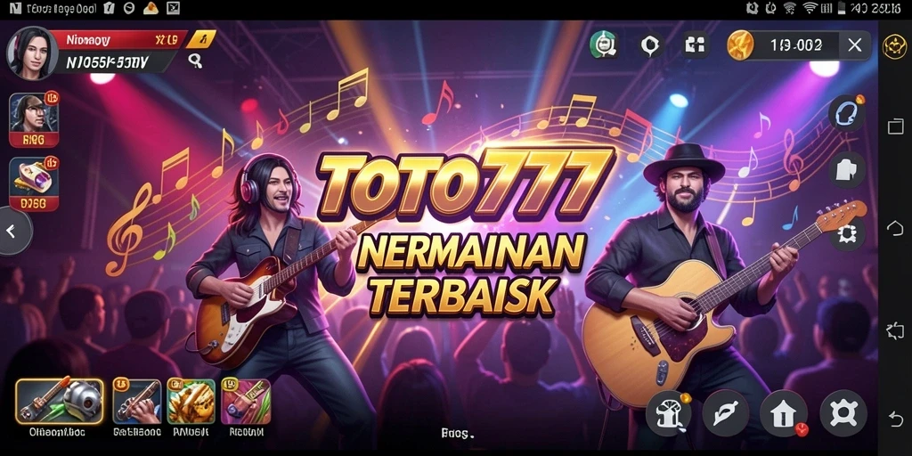 Screenshot utama TOTO777 menampilkan gameplay musik yang penuh semangat.